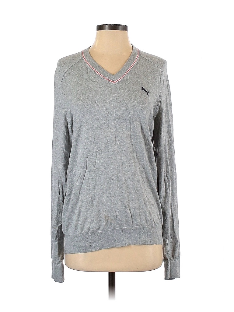 Puma Grey Knit Cotton & Cashmere V-Neck Pullover Golf Sweater, Sz. S